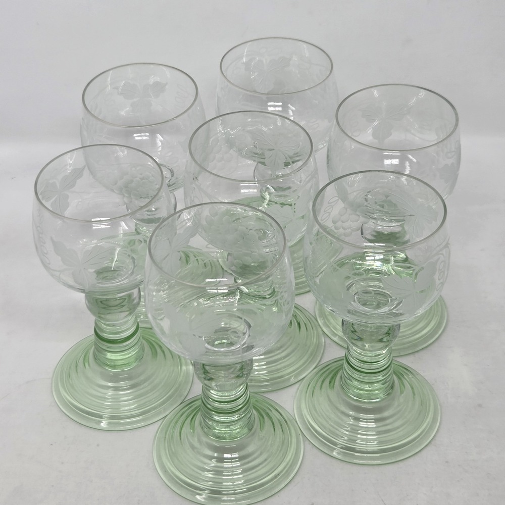 VINTAGE German Roemer Wine Glasses Set‎ 7 Green Ribbed Stems Etched Grapes MCM